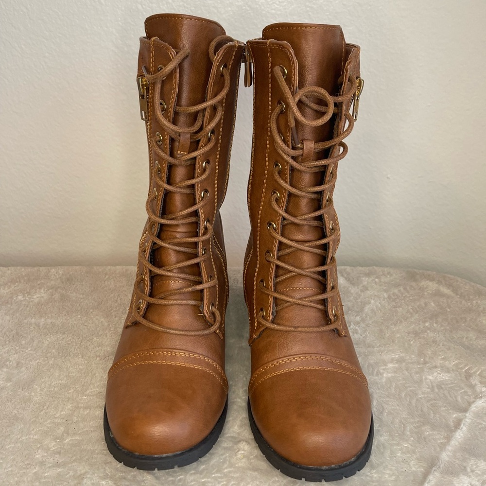 Brown,‎ Camel, Tan Lace-Up Women's Combat Boots
